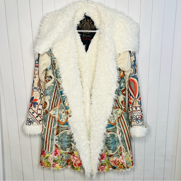 Johnny Was BIYA Halmstad Multi Patterned Embroidered Coat w/ Faux Fur & Suede L - Picture 2 of 14